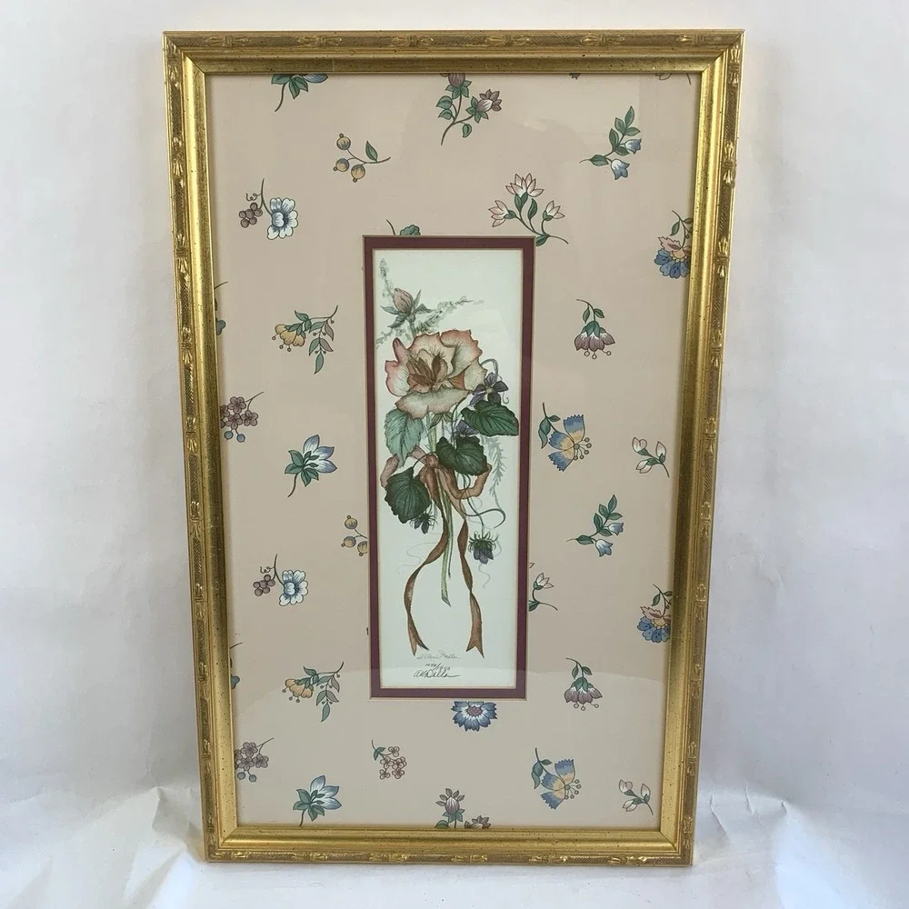 Vtg Framed Botanical Print Floral Wall Art Blossoms Gold Frame Cottage Signed